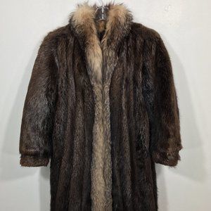 Beaver FUR coat with FOX fur tuxedo dark brown Women's Medium jacket 547